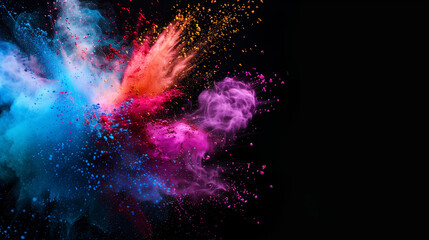 Explosion of colored powder on black background. Abstract closeup dust on backdrop