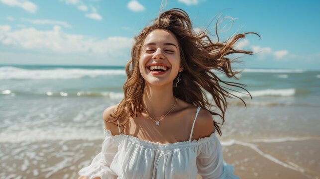 Happy Woman running on sea beach, happy vacation