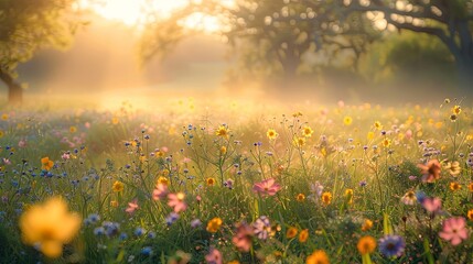 Golden Hour in Blossoming Wildflower Field 
