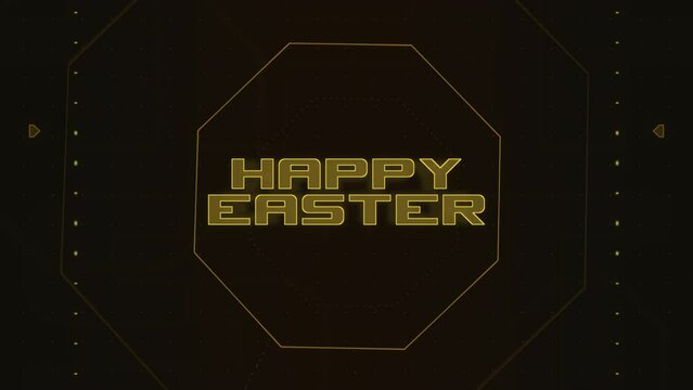 Black and gold geometric design spells Happy Easter in the center. Composed of triangles and rectangles, it forms an intricate and festive pattern