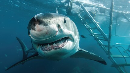 Great white shark underwater, showing its teeth
