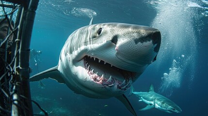 Great white shark underwater, showing its teeth