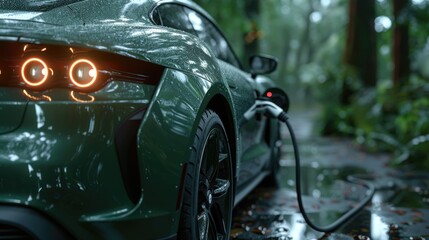 Hyper-realistic image of a green electric sports car charging in a lush, rain-soaked forest...