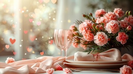 Chic Mother's day table concept. Top view flat lay of plates, cutlery, vase, tulips, gift box, and decorative hearts on pastel pink background.