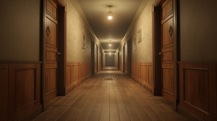 Endless empty classic hallway with wooden walls