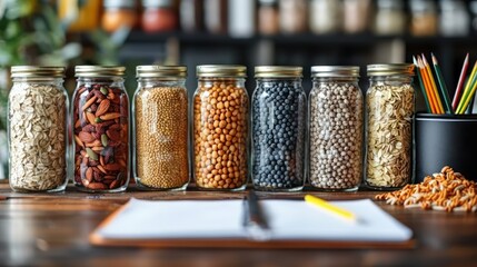 Cereals in glass jars on the table next to a Notepad and pencil. Space for text