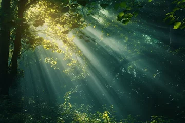 Photo sur Aluminium Matin avec brouillard Beautiful rays of sunlight in a green forest