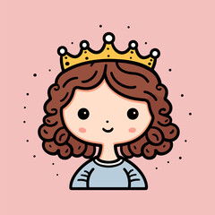 Cartoon princess child. Cute illustration of girl wearing gold crown and blue dress or shirt. Smiling kid with brown curly hair on pink background