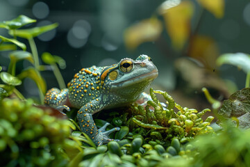 A vibrant green and yellow frog perched atop a lush green plant in a tranquil garden setting