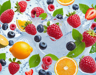 Mix berries fruit liquid splashing of Tropical fruits isolated on transparent background