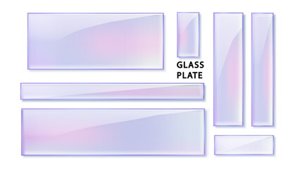 Crystal glass plate set with colors reflection in holographic color isolated PNG. Transparent Realistic glass panel plates or frames for placing name