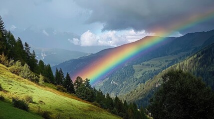 Spectacular Rainbow Over Mountain Valley - obrazy, fototapety, plakaty