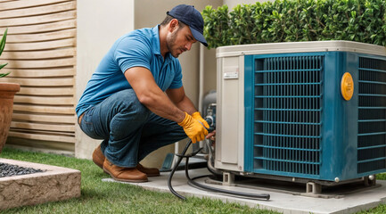 An individual is seen working on an outdoor air conditioning unit, illustrating maintenance, repair, or installation tasks.