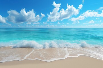 Blue ocean with white sand beach and blue sky background