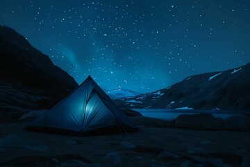 Blue tent with light under starry night - obrazy, fototapety, plakaty