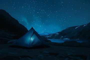 Selbstklebende Fototapeten Blue tent with light under starry night © Manzoor
