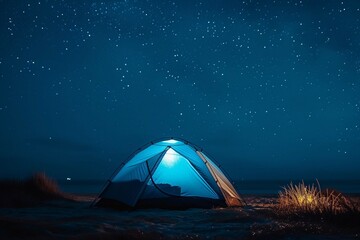 Blue tent with light under starry night - obrazy, fototapety, plakaty