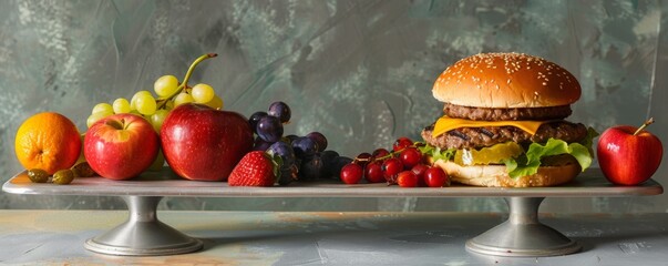 Comparison of healthy and unhealthy food, hamburger and fruit on a plate.