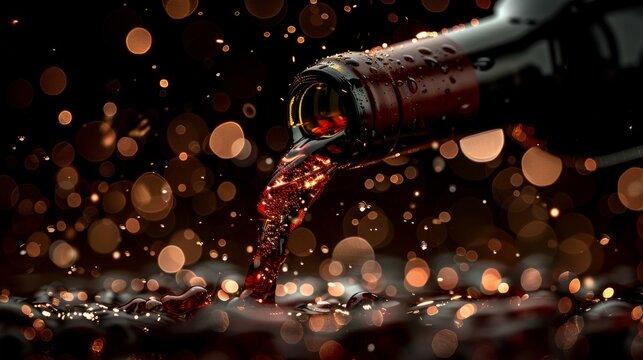 A bottle of red wine being tilted, its contents cascading into waiting glasses, the pour a symbol of celebration and fine dining, AI Generative