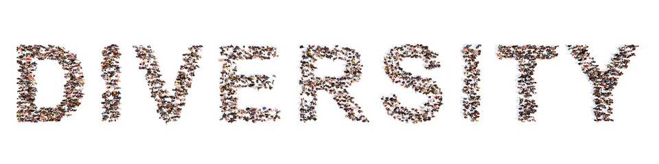 Concept or conceptual large community of people forming DIVERSITY message. 3d illustration metaphor to multiracial, multiethnic, community, teamwork, friendship, tolerance, inclusion and respect