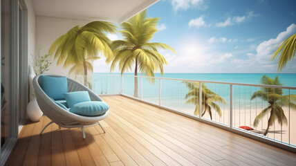 Resort balcony interior with beach background
