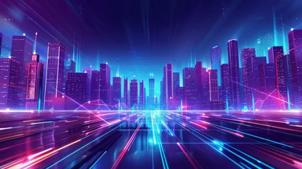 Abwaschbare Fototapete Violett a city landscape with neon strips in the surface, in the style of minimalist stage designs, spectral, AI Generative