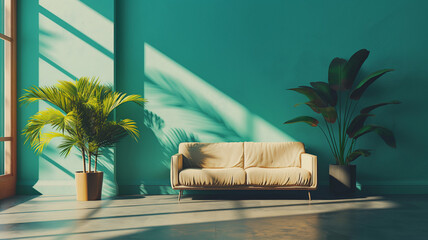 Living room with white sofa with tropical plants and turquoise walls