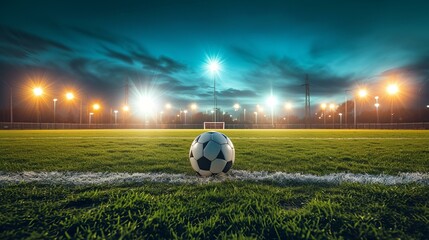 A dramatic evening shot of a soccer field, the soccer ball sitting in the middle under the glow of floodlights, ready for play Created Using dramatic evening shot, soccer field, AI Generative