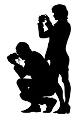 Woman and man with a photo camera on white background