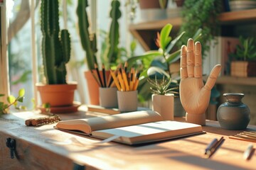 Creative workspace with a notebook supplies cactus and wooden hand symbolizing learning at home
