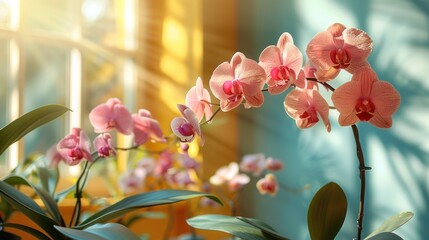 Colorful frame on light beige backdrop and pink flower phalaenopsis orchid with shadow. Shop-window for cosmetic products. - obrazy, fototapety, plakaty