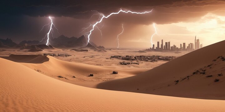 Art depicting desert and sand dunes background city of lightning and thunderclouds.