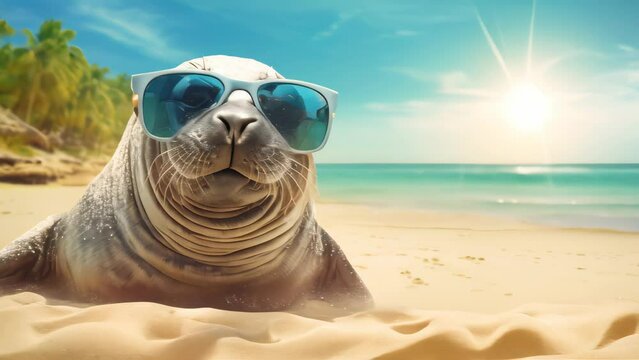 Seal wearing sunglasses on tropical beach abstract background. Generative ai.
