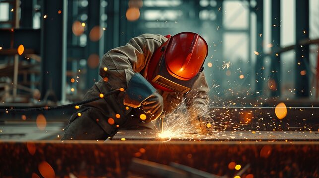 A image of a welder intensely focused on welding a beam at a construction site, AI Generative