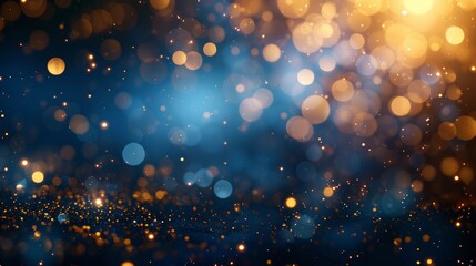 A mesmerizing abstract background featuring the serene beauty of dark blue complemented by the radiance of golden particles. The festive glow of Christmas golden lights introduces, AI Generative - obrazy, fototapety, plakaty