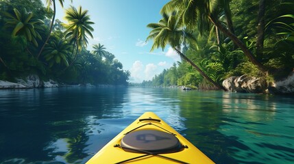 A photorealistic rendering from a drone's point of view, showing a yellow kayak floating along a calm blue river in a sunny, vivid rainforest Created Using photorealistic rendering, AI Generative - obrazy, fototapety, plakaty