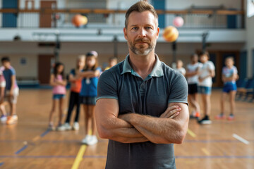 Portrait of PE teacher standing with his arms crossed at school gym, many students on the background