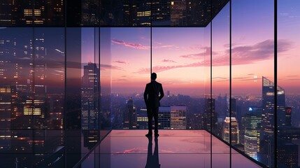 A photorealistic scene of a businessman in a modern, glass-walled office overlooking the city skyline at dusk The image captures a moment of contemplation, AI Generative