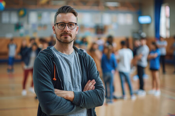Portrait of PE teacher standing with his arms crossed at school gym, many students on the background