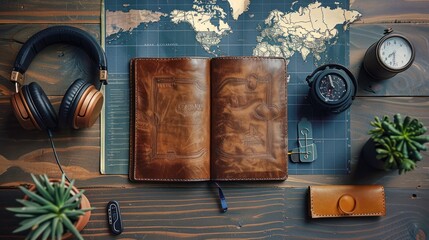 Teen workspace on blue wooden background.