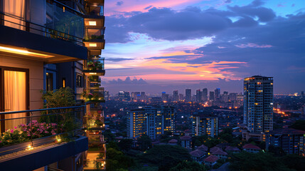 A lighted and view of the city from a tall residential building