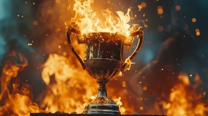 A visually striking image of a winner's trophy enveloped in flames, set against a blurred background. This dynamic composition symbolizes victory and passion, AI Generative