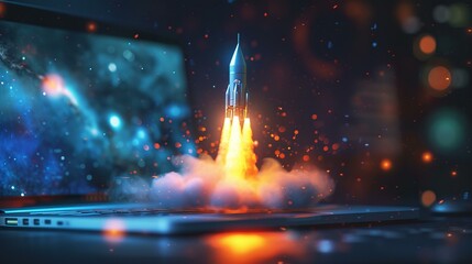 A vivid and hyper-realistic depiction of a launching space rocket emerging from a laptop, blurring the lines between digital innovation and space travel The laptop sits on a desk, AI Generative