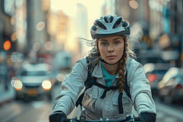 A determined young woman with a helmet rides her bicycle amidst the busy streets of an urban city during the daytime.