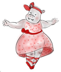 A hippo girl in a pink dress