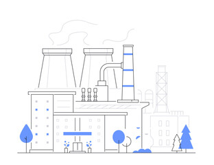 City factory - modern line design style illustration on white background. Composition with manufacturing plant located within a residential area. Smoking pipes, industrial architecture © Boyko.Pictures