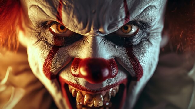 A vivid, portrait of an evil clown screaming, embodying pure terror The image showcases the detailed, grotesque makeup, the sinister glare of the eyes, and the malevolent grin, AI Generative