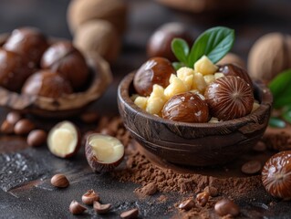 macadamia nuts on a black background