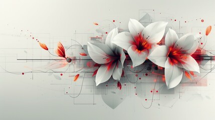Abstract digital art poster combining white and colorful flowers with futuristic technology graphics. This design, perfect for web page backgrounds or PowerPoint presentations, AI Generative