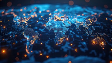 Global business connection concept. Double exposure world map on capital financial city and trading graph background. - obrazy, fototapety, plakaty